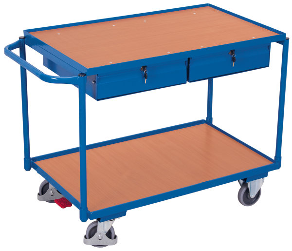 Tischwagen mit 2 Ladefl&auml;chen und 2 Schubladen, 250 kg Traglast, 985 x 605 mm, blau