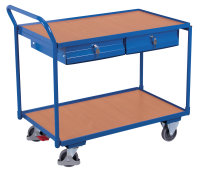Tischwagen mit 2 Ladeflächen und 2 Schubladen, 250 kg Traglast, 985 x 605 mm, blau