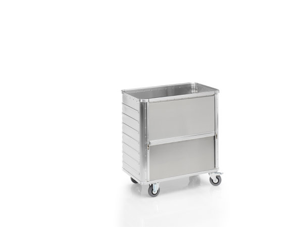 Transportwagen mit Deckel und absenkbarer L&auml;ngswand, G&reg;-TRANS D 3708 / 360 , 900x495x800 mm, Tragkraft 250 kg, aus Aluminium