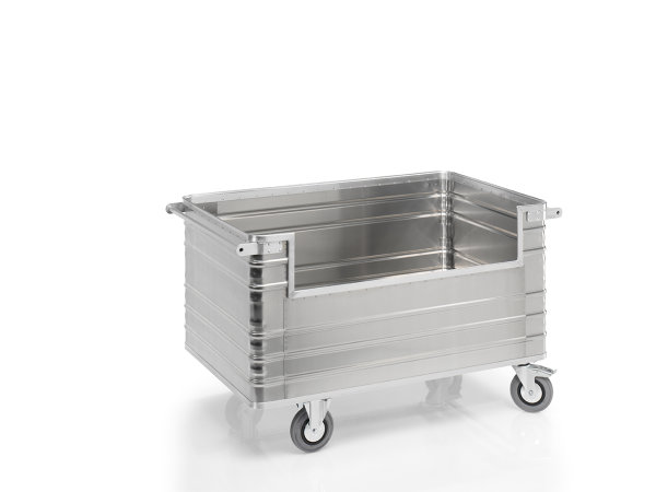 Transportwagen mit einem L&auml;ngswandausschnitt, G&reg;-TRANS D 3808 / 945, 1500x900x700 mm, Tragkraft 400 kg, aus Aluminium