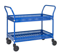 Tischwagen mit Rand, 2 Ebenen, 935 x 535 mm, 250 kg Tragfähigkeit, Blau, mit Bremsen