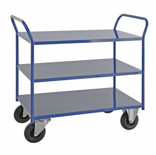 Etagenwagen mit 3 B&ouml;den, vollst&auml;ndig geschwei&szlig;t, 3 Ebenen, 1080x450x975 mm, 400 kg Tragf&auml;higkeit, Blau, ohne Bremsen