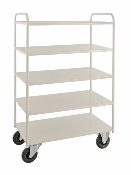 Etagenwagen mit 5 B&ouml;den, vollst&auml;ndig geschwei&szlig;t, 5 Ebenen, 955x550x1470 mm, 400 kg Tragf&auml;higkeit, Wei&szlig;, ohne Bremsen