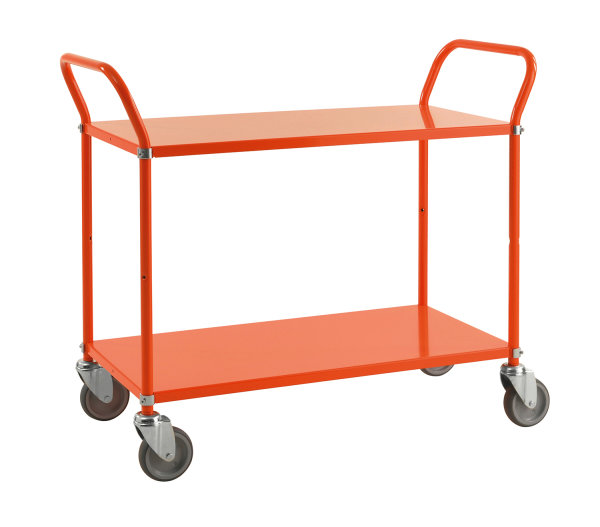 Farbiger Wagen mit 2 B&ouml;den, 2 Ebenen, 900 x 440 mm, 250 kg Tragf&auml;higkeit, Orange , ohne Bremsen