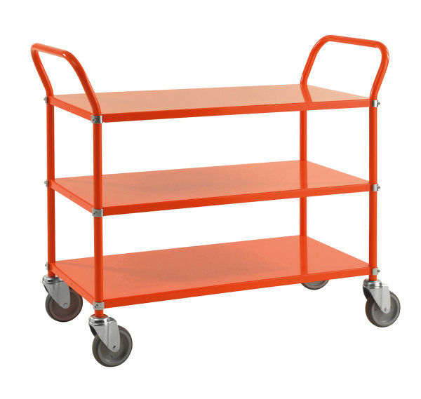 Farbiger Wagen mit 3 B&ouml;den, 3 Ebenen, 900 x 440 mm, 250 kg Tragf&auml;higkeit, Orange , mit Bremsen