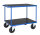 Tischwagen, 2 Ebenen, 1000 x 700 mm, 500 kg Tragf&auml;higkeit, Blau / MDF, braun, mit Bremsen