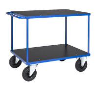 Tischwagen, 2 Ebenen, 1200 x 800 mm, 500 kg Tragfähigkeit, Blau / MDF, braun, mit Bremsen