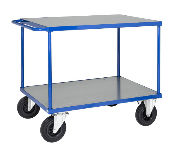 Tischwagen, 2 Ebenen, 1200 x 800 mm, 500 kg Tragf&auml;higkeit, Blau / Verzinkt, mit Bremsen