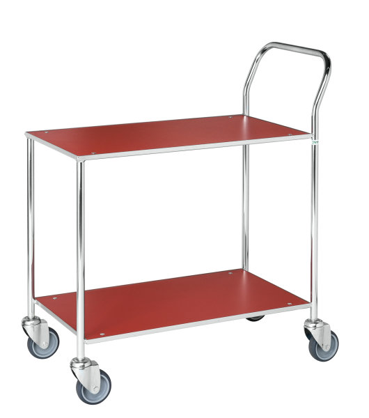 Kleiner Tischwagen, vollst&auml;ndig geschwei&szlig;t, 2 Ebenen, 755 x 430 mm, 150 kg Tragf&auml;higkeit, Rot / Elektrolytisch verzinkt, ohne Bremsen