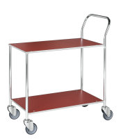 Kleiner Tischwagen, vollständig geschweißt, 2 Ebenen, 755 x 430 mm, 150 kg Tragfähigkeit, Rot / Elektrolytisch verzinkt, mit Bremsen