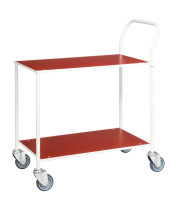 Kleiner Tischwagen, vollständig geschweißt, 2 Ebenen, 755 x 430 mm, 150 kg Tragfähigkeit, Rot / Weiß, ohne Bremsen