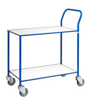Kleiner Tischwagen, vollständig geschweißt, 2 Ebenen, 755 x 430 mm, 150 kg Tragfähigkeit, Weiß / Blau, ohne Bremsen