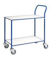 Kleiner Tischwagen, vollständig geschweißt, 2 Ebenen, 755 x 430 mm, 150 kg Tragfähigkeit, Weiß / Blau, mit Bremsen