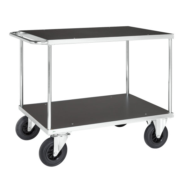 Tischwagen, 2 Ebenen, 1000 x 700 mm, 500 kg Tragf&auml;higkeit, Verzinkt / MDF, braun, ohne Bremsen