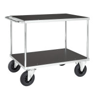 Tischwagen, 2 Ebenen, 1200 x 800 mm, 500 kg Tragfähigkeit, Verzinkt / MDF, braun, ohne Bremsen