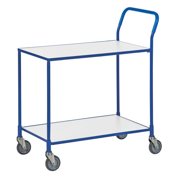 Tischwagen, 2 Ebenen, 850x435x950 mm, 150 kg Tragf&auml;higkeit, Wei&szlig; / Blau, ohne Bremsen