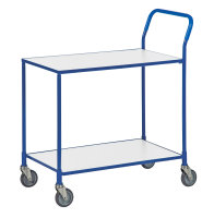 Tischwagen, 2 Ebenen, 850x435x950 mm, 150 kg Tragfähigkeit, Weiß / Blau, mit Bremsen