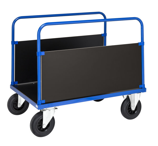 Plattformwagen, 1 Ebenen, 1200x800x900 mm, 500 kg Tragf&auml;higkeit, Blau / MDF, braun, mit Bremsen