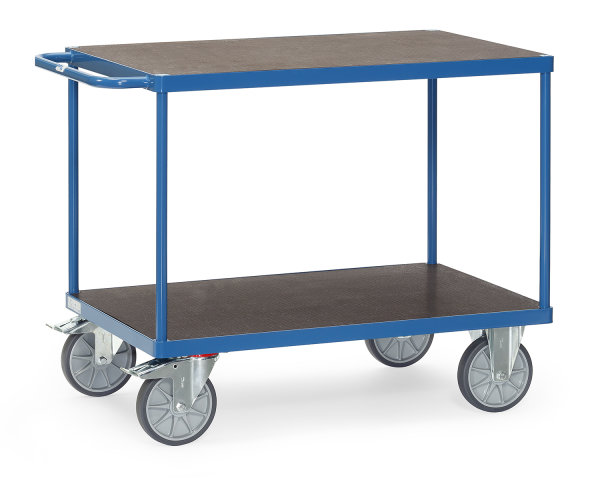 Tischwagen 2400 mit wasserfesten Plattformen, 2 Ebenen, 850 x 500  mm, 500 kg Tragf&auml;higkeit, Blau, mit Bremse