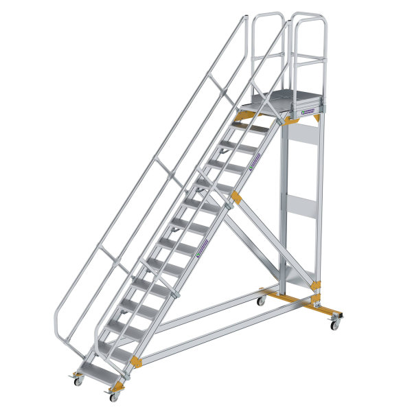 Plattformtreppe 45&deg; fahrbar Stufenbreite 600 mm 14 Stufen Aluminium geriffelt