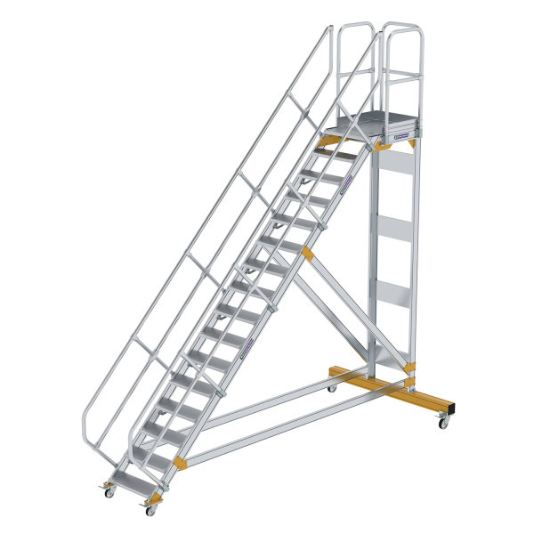Plattformtreppe 45&deg; fahrbar Stufenbreite 600 mm 16 Stufen Aluminium geriffelt