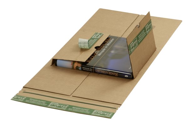 Universalversandverpackung m. zentr. Packgutaufnahme aus Wellpappe braun (B KL) m. 3x Selbstklebeverschlu&szlig; u. Aufrei&szlig;faden, 305x230x -92 mm, Braun