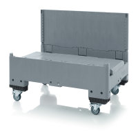 Klappbare Gro&szlig;ladungstr&auml;ger, glatte Innen- und Au&szlig;enfl&auml;che, 4 R&auml;der mit Bremse, R&auml;der und Schrauben werden zur Selbstmontage lose mitgeliefert, 1200x800x880 mm, Silbergrau