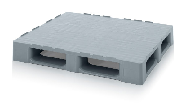 Reinraumpaletten mit Sicherungsrand, mit 2 Quer- und 3 L&auml;ngskufen und Stahlrohr-Verst&auml;rkung, 1200x1000x152 mm, Silbergrau