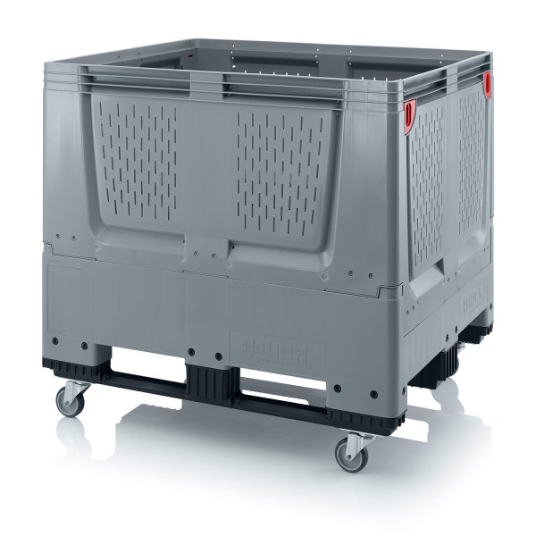 Klappbare Big Boxen mit L&uuml;ftungsschlitzen, Boden und Seiten durchbrochen, 4 Lenkr&auml;der ohne Feststeller, 3 Kufen, R&auml;der und Schrauben werden zur Selbstmontage lose mitgeliefert, 1200x1000x1140 mm, Silbergrau