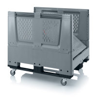 Klappbare Big Boxen mit L&uuml;ftungsschlitzen, Boden und Seiten durchbrochen, 4 Lenkr&auml;der ohne Feststeller, 3 Kufen, R&auml;der und Schrauben werden zur Selbstmontage lose mitgeliefert, 1200x1000x1140 mm, Silbergrau