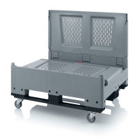 Klappbare Big Boxen mit L&uuml;ftungsschlitzen, Boden und Seiten durchbrochen, 4 Lenkr&auml;der ohne Feststeller, 3 Kufen, R&auml;der und Schrauben werden zur Selbstmontage lose mitgeliefert, 1200x1000x1140 mm, Silbergrau