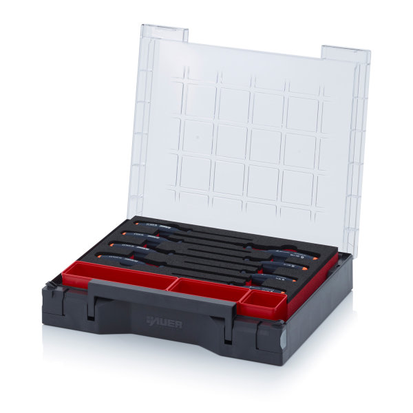 Sortimentsbox best&uuml;ckt 35 x 29,5 mit Werkzeugeinsatz, 8 Schraubendreher 1 x SB E 11 1 x SB E 12 1 x SB E 13, 350x295x71 mm