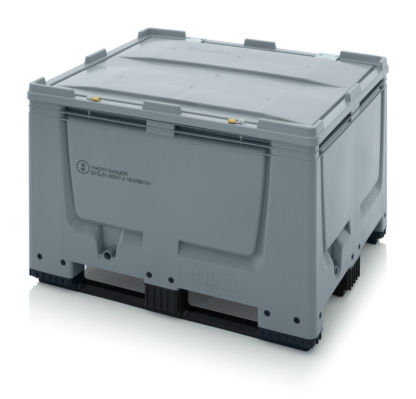 Big Boxen mit Verschlie&szlig;system SA/SC, geschlossen, 3 Kufen, 2 Feststellscharniere SA, 2 Vorh&auml;ngeschl&ouml;sser mit &Ouml;senschraube SC, mit Deckel, 1200x1000x790 mm, Silbergrau