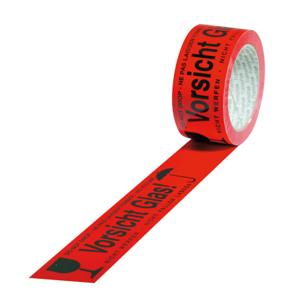 PVC-Warn-Klebeb&auml;nder, 50 mm breit x 66 lfm - mit Aufdruck &quot;Vorsicht Glas&quot;