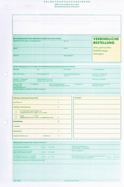 Formular Verbindliche Bestellung eines gebrauchten Kfz ohne Gebrauchtwagen-Garantie, DIN A4, Mehrfarbig, Verpackungseinheit: 1 BLK/25