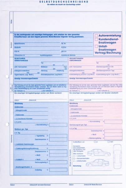 Formular Mietvertrag und Rechnung f&uuml;r Selbstfahrer, DIN A4, selbstdurchschreibend, 2-fach, Mehrfarbig, Verpackungseinheit: 1 BLK/25