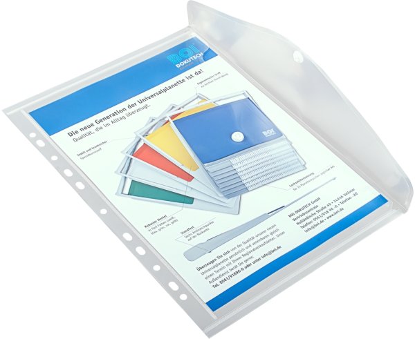 Dokumententaschen mit Abheftrand und Druckknopf, DIN A4, Transparent, Verpackungseinheit: 1 P/10