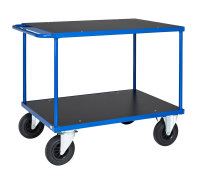 Tischwagen, 2 Ebenen, 1000 x 700 mm, 500 kg Tragfähigkeit, Blau / MDF, braun, ohne Bremsen