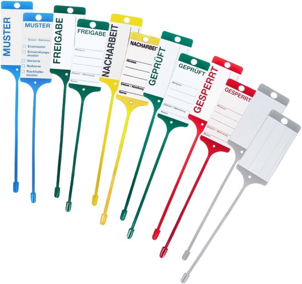 Set bestehend aus 6 x 100 wetterfesten PP-Warenanh&auml;ngern, zur schnellen Kennzeichnung von G&uuml;tern und Waren, 6 verschiedene Aufdrucke und passende Farben, in praktischer Spenderbox, sortiert, Verpackungseinheit: 1 STK