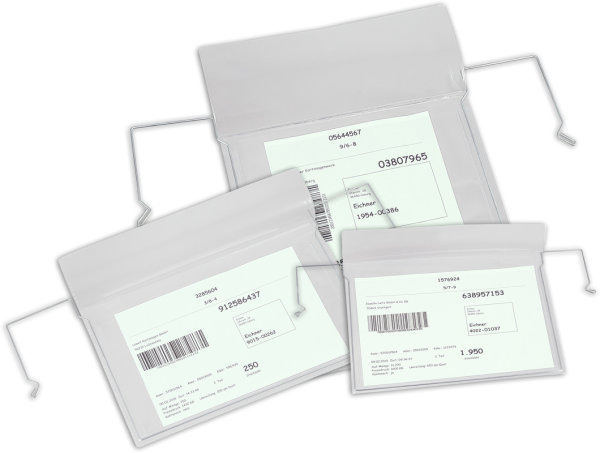 Drahtb&uuml;gel-Sichttasche, ohne Klappe, zur Anbringung an Gitterboxen, Transportkisten, Kartons, Kunststoffk&auml;sten etc., Ma&szlig;e (BxH) 195 x 135 mm, Format f&uuml;r DIN A6, Ausrichtung quer, Verpackungseinheit: 10 STK