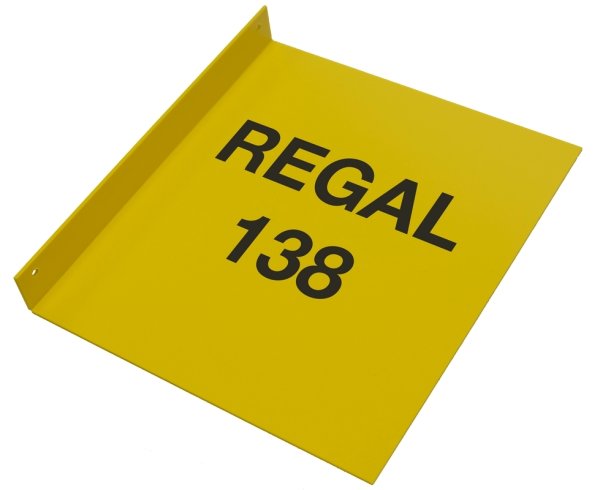 Regalschild L-Fahne quer, gelb mit schwarzem individuellem Aufdruck, zur Regalkennzeichnung im Lagerbereich, Gelb, Format (BxH) 150/180 x 105 mm, Verpackungseinheit: 1 STK