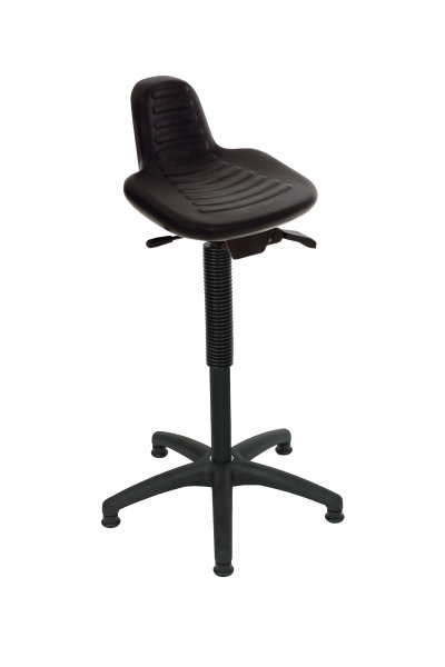 Stehhilfe ergonomischer PU-Sitz schwarz, mit Griffmulde, H&ouml;henverstellung: 580-840mm optionaler Fu&szlig;ring, Kunstoff Fu&szlig;kreuz