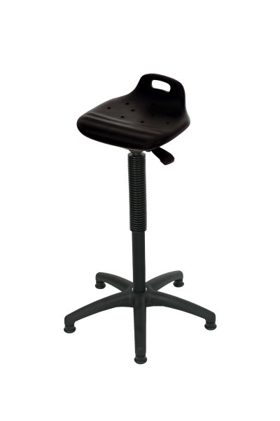 Stehhilfe ergonomischer PU-Sitz schwarz, mit Tragegriff, Sitzh&ouml;he: 640-890 mm, Fu&szlig;kreuz: Kunststoff mit Bodengleitern, optional mit Fu&szlig;ring
