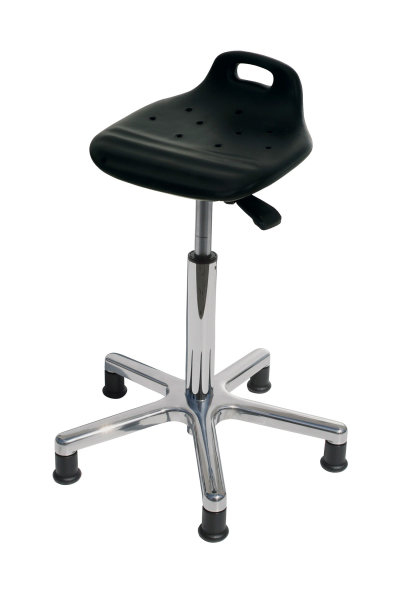 Stehhilfe ergonomischer PU-Sitz schwarz, mit Tragegriff, Sitzh&ouml;he: 660-910 mm, Fu&szlig;kreuz: Aluminium mit Bodengleitern, optional mit Fu&szlig;ring