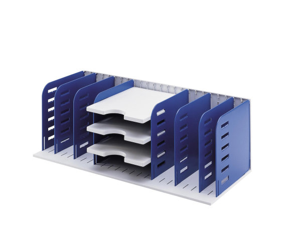 Schubladenbox styrorac Grundeinheit mit 8 Trennw&auml;nden senkrecht und 3 Tablare waagrecht mit dem Boden in Grau und den Seitenteilen in Blau