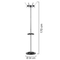 Unilux CYPRES Garderobenst&auml;nder metallgrau, 8 Dreifach-Kleiderhaken, drehbarer Kopf, Schirmhalter, 170 cm hoch, 34 cm Durchmesser