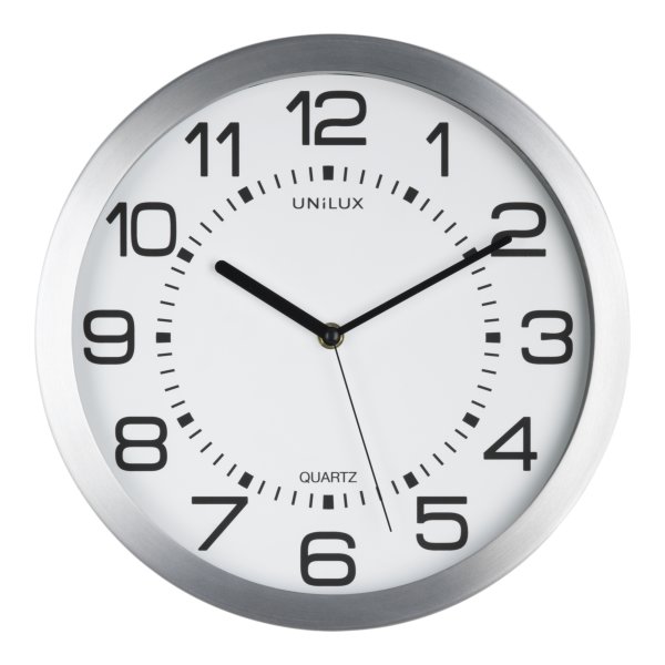 Unilux MOON Wanduhr metallgrau, Durchmesser: 35,5 cm, Ziffernblatt mit Hintergrundbeleuchtung, Stromversorgung &uuml;ber Batterie (1 x AA 1,5V) und Euro-Stecker