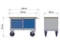 Mobile Kastenwerkbank Tiefe 600 mm, 4 x Schublade, 1 x Schrankgeh&auml;use mit Fl&uuml;gelt&uuml;re Ma&szlig;e in mm (BxTxH): 1200 x 600 x 820